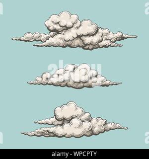 Les nuages couleur vieux graphiques. Peint Vintage nuage tourbillonnant vector set esquisse pour le ciel ou ciel atmosphère printemps illustrations gravure Illustration de Vecteur