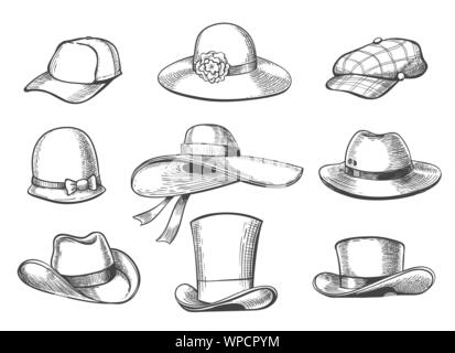 Hats graphiques croquis. Chapeau à la main, les images isolées sur fond blanc, vecteur doodle pour coiffure mesdames et messieurs Illustration de Vecteur