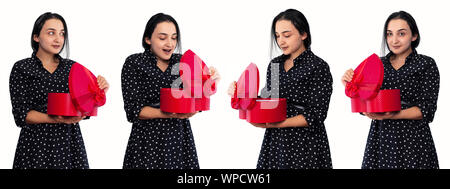 Ensemble de photo de jeunes moyen-oriental woman portrait surpris avec boîte-cadeau. Déballage des présents fort romantique de son amant. Boxing Day, maison de vacances, b Banque D'Images
