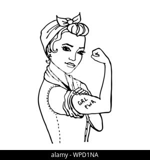 Nous pouvons le faire. Womens symbole de puissance féminine et de l'industrie. Doodle cartoon femme avec lrg pwr tattoo. isolé sur fond blanc Illustration de Vecteur