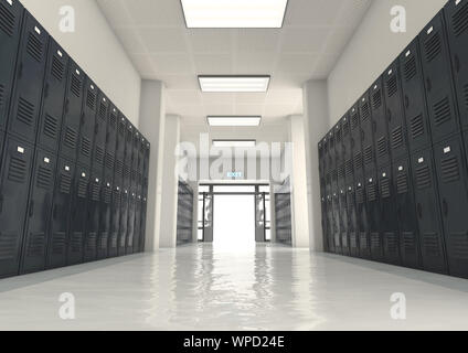 Un regard vers le bas un couloir bien éclairé de casiers d'école vers une porte d'entrée ou de sortie - 3D render Banque D'Images