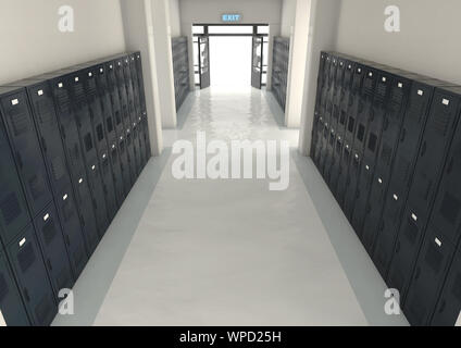 Un regard vers le bas un couloir bien éclairé de casiers d'école vers une porte d'entrée ou de sortie - 3D render Banque D'Images