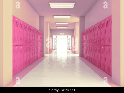 Un regard vers le bas un couloir bien éclairé des casiers d'école rose vif vers l'ouverture de la porte d'entrée ou de sortie - 3D render Banque D'Images