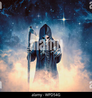 Dead of night / 3D illustration de cloaked faucheur squelettique vers viewer dans le brouillard rougeoyant comme par magie Banque D'Images