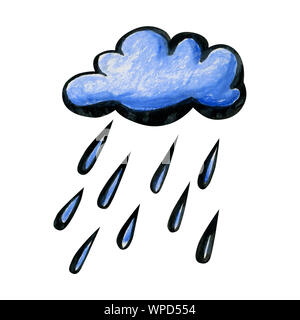 Nuage de pluie cartoon lumineux. Nuage bleu-blanc dessiné par la main et isolé sur un fond blanc. Fluffy douce forme ronde avec un contour noir et avec la Banque D'Images