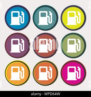 Station essence ou gaz, location icône carburant signe. Neuf boutons ronds multicolores. Vector Illustration de Vecteur