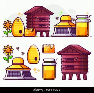 L'apiculture et l'Art de la ligne rucher Icon Set Illustration de Vecteur