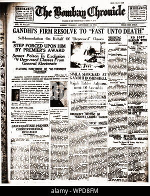 Mahatma Gandhi news sur la première page du journal Bombay Chronicle, Inde, Asie, 13 septembre 1932, ancienne image vintage 1900s Banque D'Images