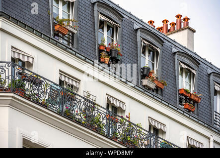 Pots de fleurs suspendus dans les fenêtres de l'étage mansardé et sur le balcon de l'immeuble de plusieurs étages - Un design architectural classique du vieux Pari Banque D'Images