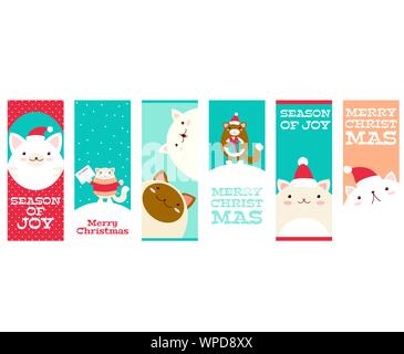 Ensemble de Noël vertical banner, l'arrière-plan, circulaire, placard avec cute cats. Xmas poster et autocollant. Spe8 Illustration de Vecteur