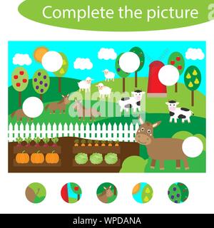 Complétez le puzzle et trouver les parties manquantes de la photo, des animaux de ferme fun jeu pour les enfants de l'éducation préscolaire, de l'exercice pour les enfants Illustration de Vecteur