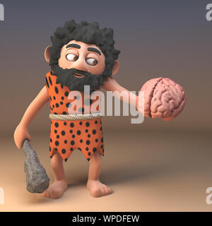 Caveman stupide 3d character holding un club et un cerveau humain, illustration 3D render Banque D'Images