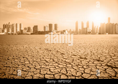 Post-apocalyptique. Ville après les effets du réchauffement climatique. Changements climatiques concept. Banque D'Images