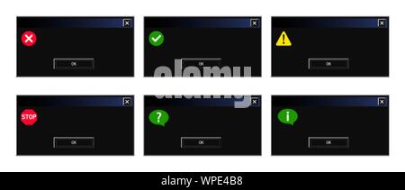 Ensemble d'un système de rétro et de la boîte de dialogue Message d'erreur Windows en mode contextuel sombre thème Illustration de Vecteur