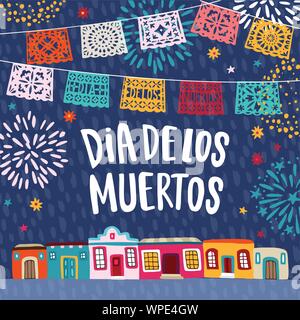 Dia de los Muertos, le Jour des Morts mexicain carte de vœux, invitation. Maison de l'Amérique latine. Guirlande de drapeaux, banderoles à couper et maisons colorées Illustration de Vecteur