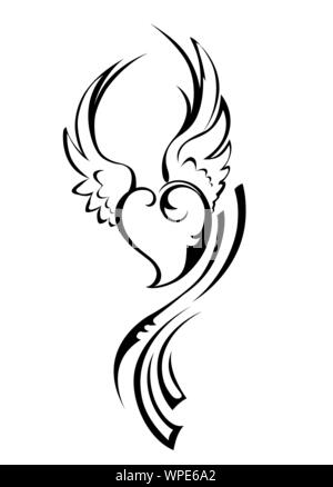 Petit Ange coeur avec des ailes dessiné par contour noir dans le style de tatouage sur fond blanc. Illustration de Vecteur
