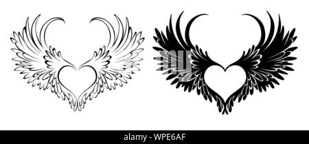 Deux artistiquement dessiné dans le style de tatouage ange, coeur avec des ailes sur fond blanc. Illustration de Vecteur