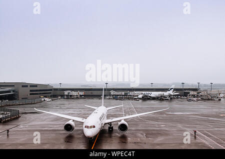 DEC 6, 2018 Narita, Japon - avion pendant le mauvais temps pluie à Tokyo Narita International airport terminal Banque D'Images