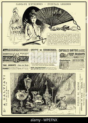 Magazine page publicité commerciale en français avec de nombreuses bannières de promotion et des vignettes de 1888 Banque D'Images