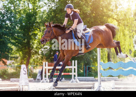 Jeune cheval-cavalier femme sautant au-dessus de l'obstacle sur la compétition de saut. Contexte Le sport équestre Banque D'Images