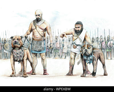 Les chiens de guerre de l'ancienne Assyrie. Avant la bataille de l'armée assyrienne. Illustration historique. Banque D'Images