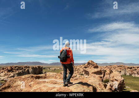 Vue arrière de jeunes nab avec sac à dos à l'avant au canyon de Black Lagoon, Laguna Negra et paysage rocheux du plateau bolivien, la Bolivie, l'Afrique Banque D'Images