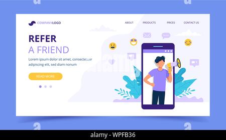 Inviter un ami landing page avec grand smartphone avec l'homme. Promotion, publicité, annonce concept illustration. Vector illustration style de télévision Illustration de Vecteur