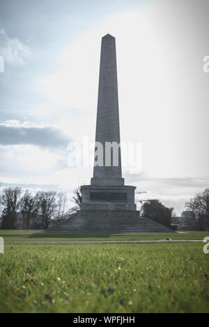 Des détails architecturaux de l'Édifice Wellington Testimonial obélisque dans le Phoenix Park de Dublin, Irlande sur une journée d'hiver Banque D'Images