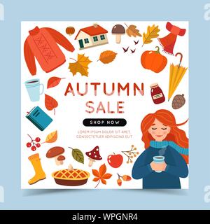 Vente d'automne modèle de page avec une fille et différents éléments de l'automne. Cute vector illustration in cartoon style. Illustration de Vecteur