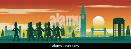 Soldat anglais téléphone rouge,fort,Big Ben et célèbre l'empreinte de l'Angleterre sur l'heure du coucher du soleil,design,silhouette vector illustration Illustration de Vecteur