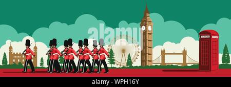 Soldat anglais téléphone rouge,fort,Big Ben et célèbre l'empreinte de l'Angleterre,national flag,couleur,design silhouette vector illustration Illustration de Vecteur