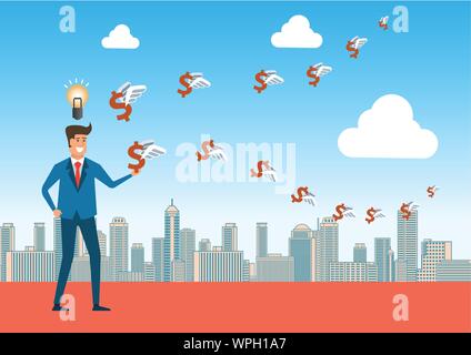 Businessman a bonne idée et la connaissance puis l'argent et la richesse volée à lui,concept télévision cartoon,vector illustration Illustration de Vecteur