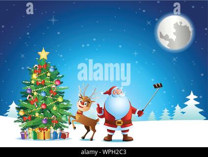 Père Noël avec selfies deer et l'arbre de Noël avant d'envoyer un cadeau à des gens,vector illustration Illustration de Vecteur
