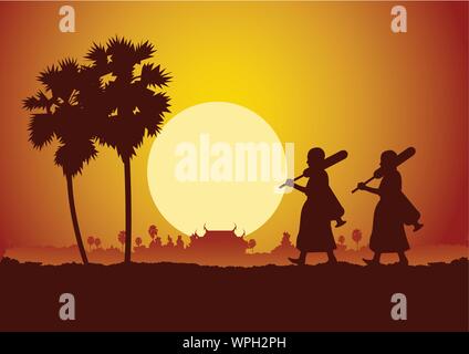 Monk marche hors de la route de pèlerinage au temple pour rendre le mérite dans les régions rurales et forêt. pour la paix le silence et le dharma dans le coucher du soleil style scène silhouette vecteur,mauvais Illustration de Vecteur