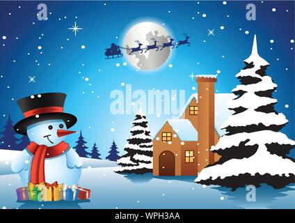 Bonhomme de se tenir devant la maison solitaire sur nuit de noël santa et envolez-vous pour envoyer un cadeau à tout le monde,vector illustration Illustration de Vecteur