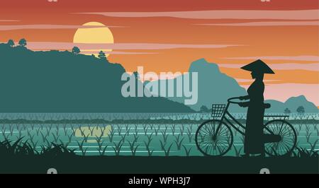 Vietnamese woman hold location marche pass champ de riz sur l'heure du coucher du soleil,vector illustration Illustration de Vecteur