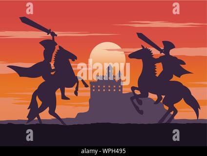 Combats de chevalier à cheval château voisin l'heure du coucher de soleil vintage,couleur,vector illustration Illustration de Vecteur