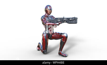 Femme Soldat android futuriste en armure pare-balles, cyborg girl militaire armés de fusil carabine sci-fi à genoux sur fond blanc, 3D Rendering Banque D'Images