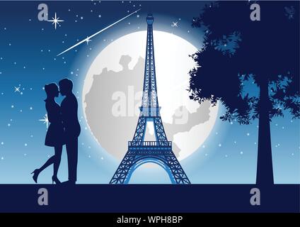 Couple hug autour avec skyscraper près de tree et de la tour Eiffel à Paris la nuit,style,silhouette vector illustration Illustration de Vecteur