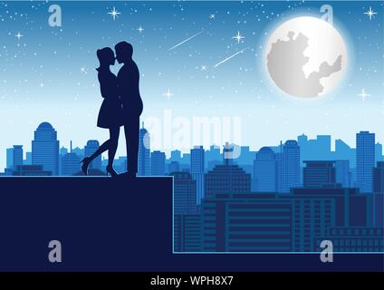 Couple hug ensemble près de tower roof top autour avec skyscraper,style,silhouette vector illustration Illustration de Vecteur