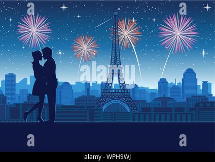 Couple hug ensemble près de tower roof top autour avec skyscraper près de la tour Eiffel à Paris,style,silhouette vector illustration Illustration de Vecteur