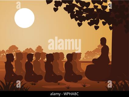 Les femmes et les hommes paient bouddhiste méditation train avec monk pour venir à la paix et à la sortie de souffrir sous l'arbre ,style silhouette vector illustration Illustration de Vecteur