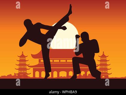 La Boxe chinoise Kung Fu art martiaux célèbre le sport,deux boxer lutte ensemble autour de temple chinois,coucher du soleil design silhouette Illustration de Vecteur