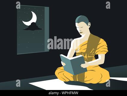 Lire moine Dharma book la nuit dans le temple à enseigner à être Bouddha étude hors de souffrir,une routine de prêtre,vector illustration Illustration de Vecteur