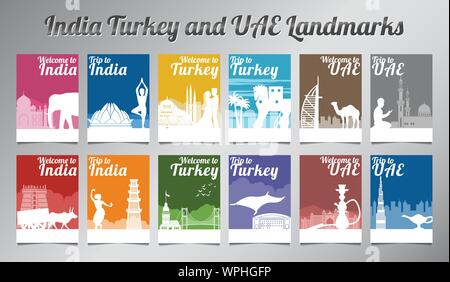 L'Inde et la Turquie UAE célèbre monument et symbole en silhouette avec style design multi color brochure set,vector illustration Illustration de Vecteur