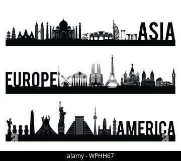 Asie Europe et d'Amérique continent célèbre silhouette avec style classique noir et blanc design couleur : par nom de pays,vector illustrati Illustration de Vecteur