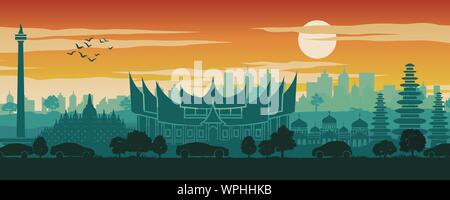 Indonésie célèbre monument de décor,design,destination voyage design silhouette, l'heure du coucher du soleil en rouge et vert,vector illustration Illustration de Vecteur