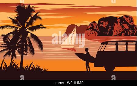 Scène de la nature de mer en été,homme tenir près de la plage de surf,couleur,design vintage vector illustration Illustration de Vecteur