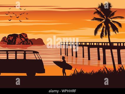 Scène de la nature de mer en été,homme tenir près de surf beach et port en bois vintage design,couleur,vector illustration Illustration de Vecteur