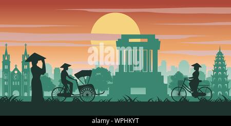 La femme et l'homme vietnamiens ride location pass monument du Vietnam,vintage couleur avec l'heure du coucher du soleil,ton vector illustration Illustration de Vecteur
